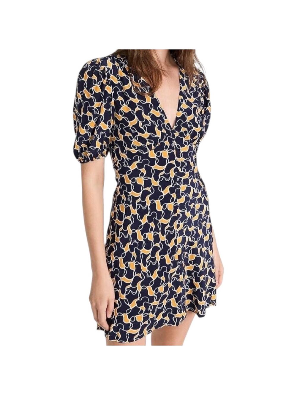 STAUD Mini Milla V-Neck Dress in Navy Yellow Abstract Wave Print Women’s sz 10